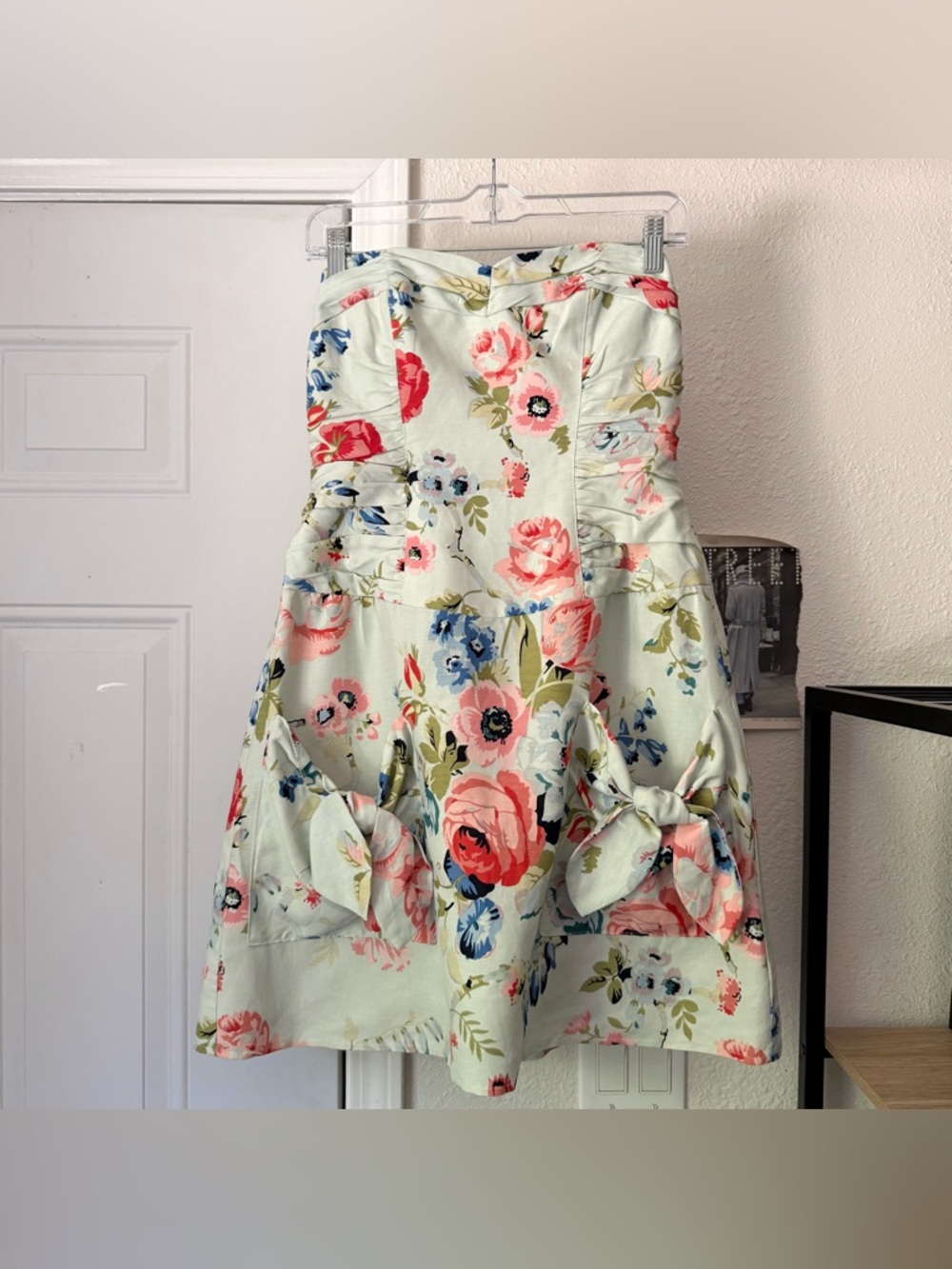 NANETTE LEPORE y2k vintage floral mint green strapless tie a-line mini dress